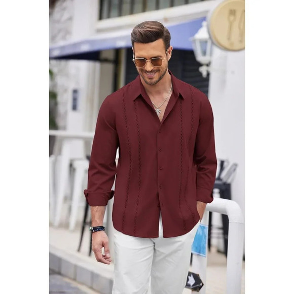 ❤️Mens Red Cuban  Shirt Casual Button Down Shirts Long Sleeve Beach Linen Shirts - Picture 2 of 6
